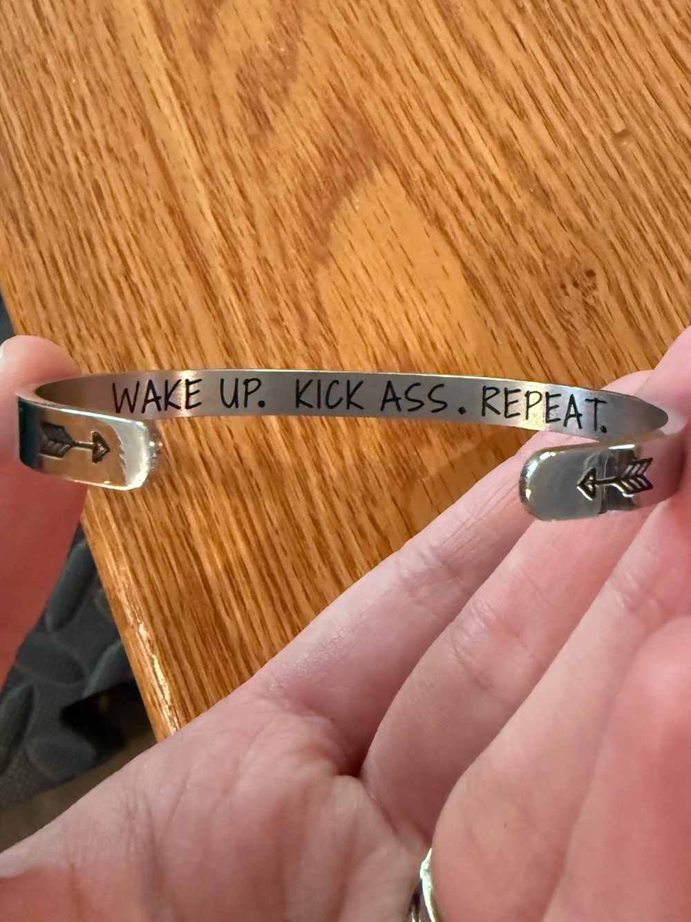 Motivational Silver Tone Cuff Bracelet - "WAKE UP. KICK ASS. REPEAT."